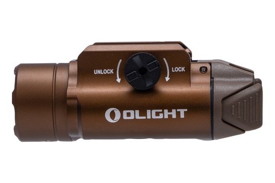 Olight PL-3R Valkyrie 1500 Lumen Tactical Light in Tan features a high and low mode.